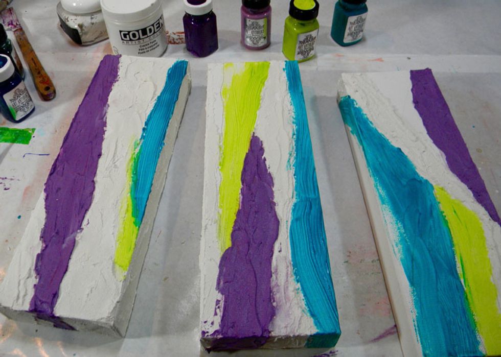 Here are the canvases so far. I started thinking about how thick the Art Anthology paints are and how they are advertised as "dimensional".  I decided to create textural effects using the Limeade.