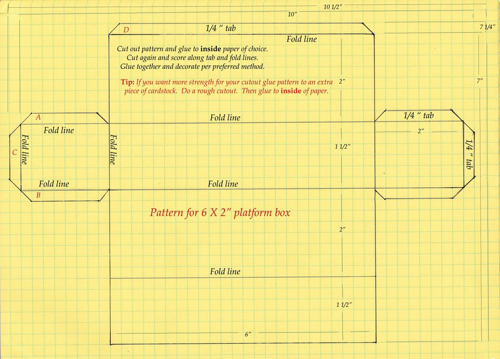 Here are the dimensions and pattern I drew up for the platform box. 6x2x1 inch.