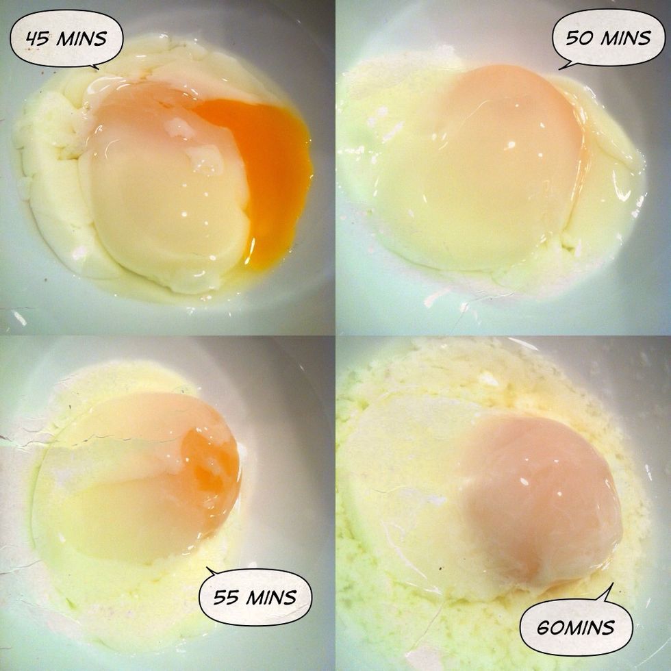 Here are the eggs depends how u like them but about 50-55 is perfect I think