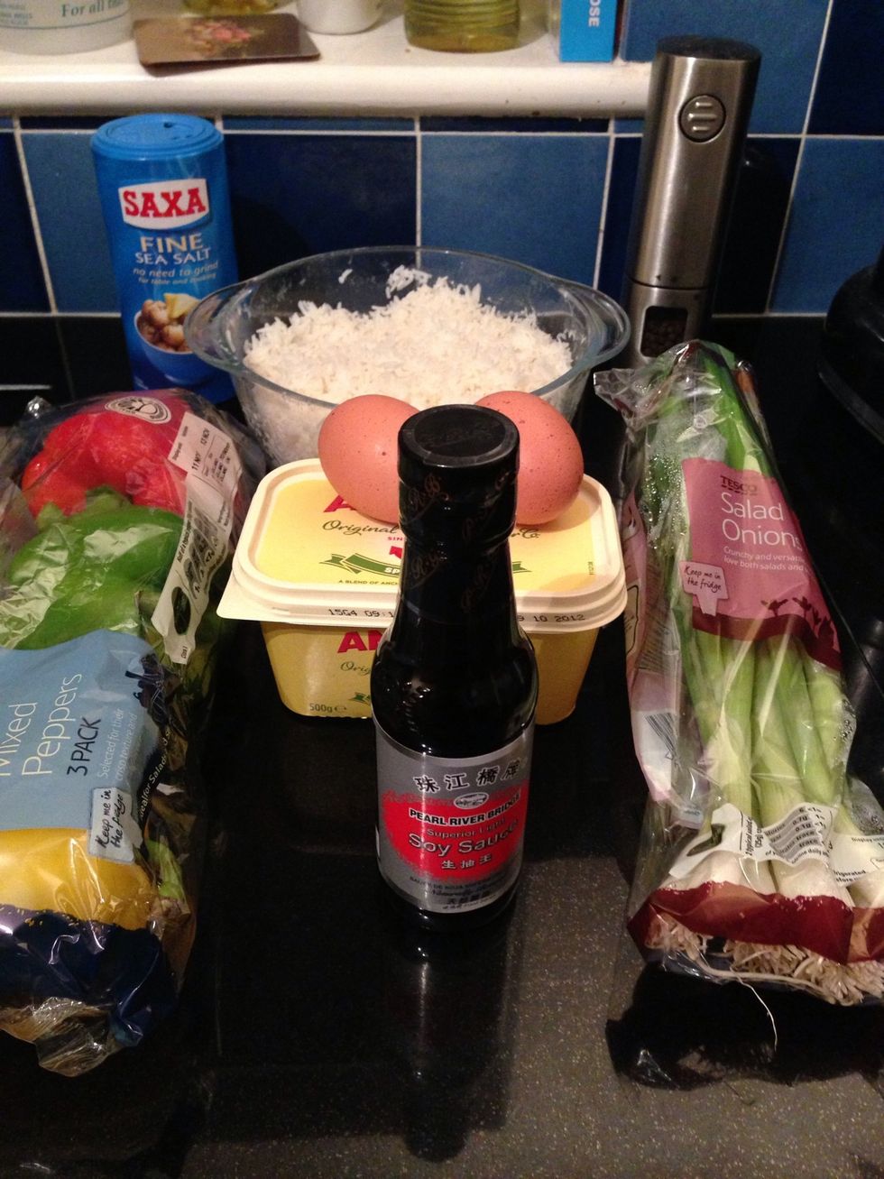 Here are the food supplies! You can substitute onions for the spring onions, and you can skip adding any egg too. It is important for the rice to be either steamed, or cooked in the microwave.