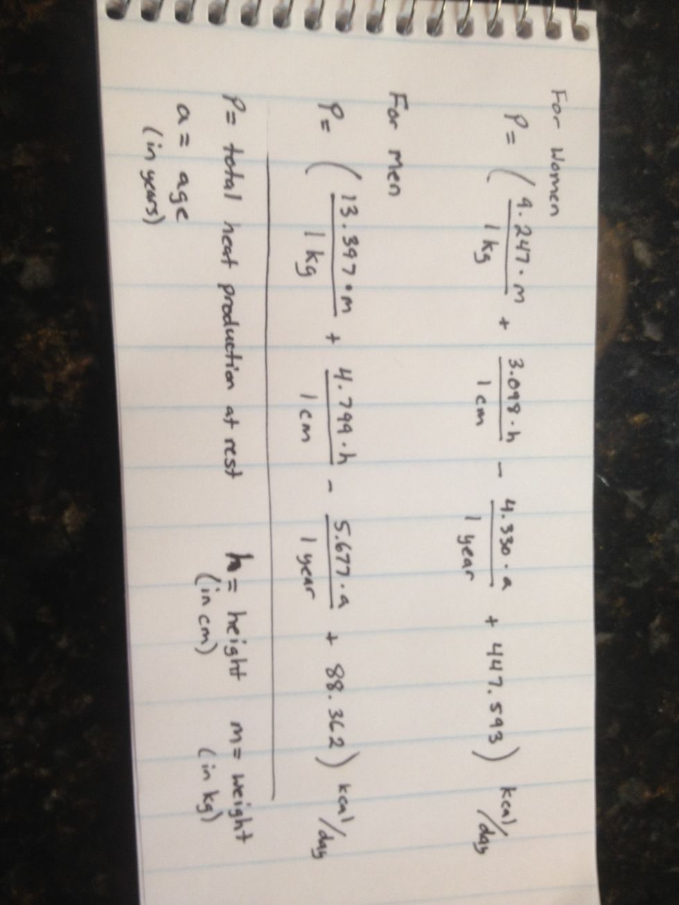 Here are the formulas. Note that height, weight, and age are in specific units. Next I will show you how to change your values to those units.