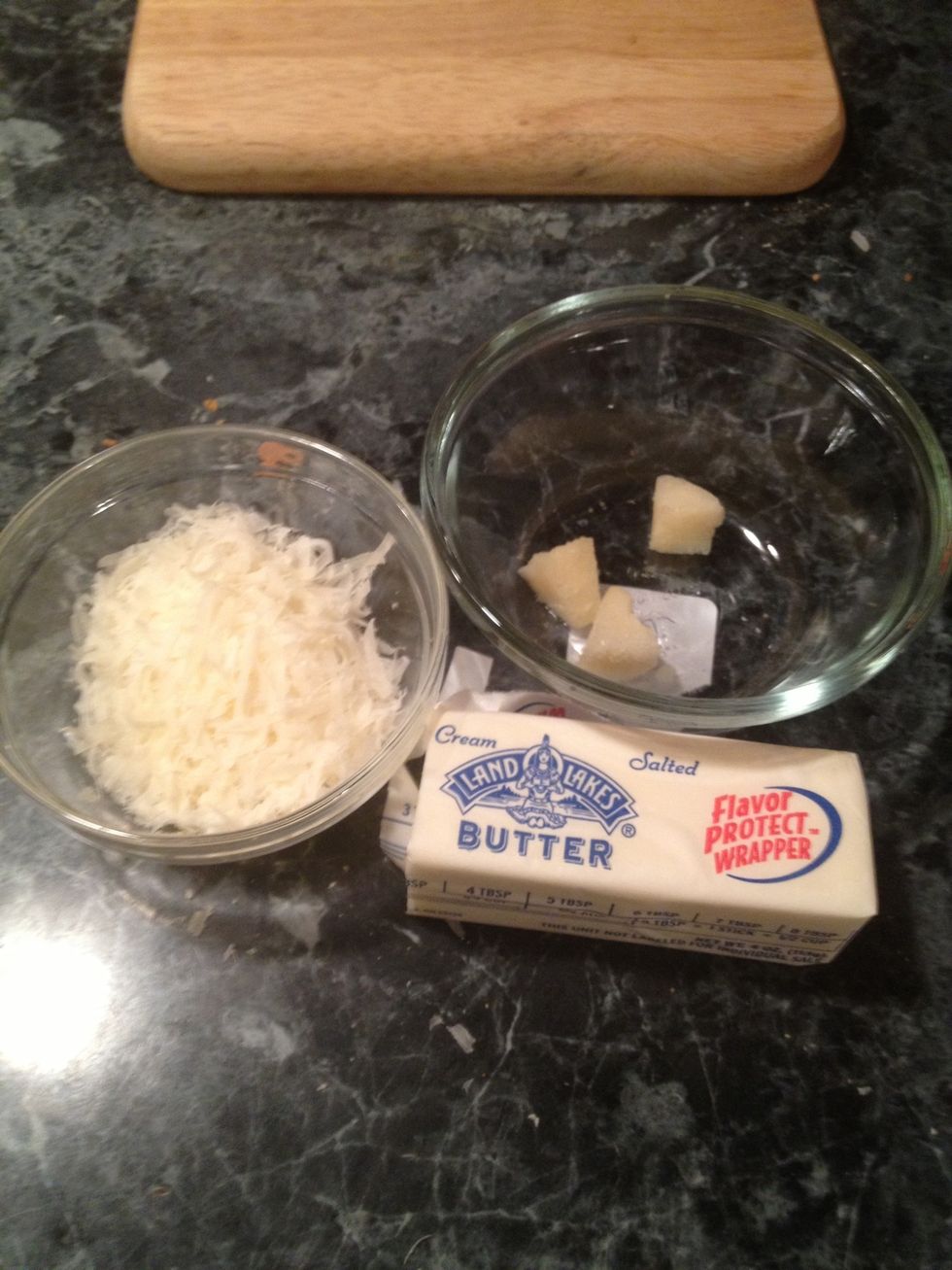 Here are the ingredients for the croutons. In a small glass bowl(like mine) add the butter to the garlic.. Microwave it for 35 seconds until melted.