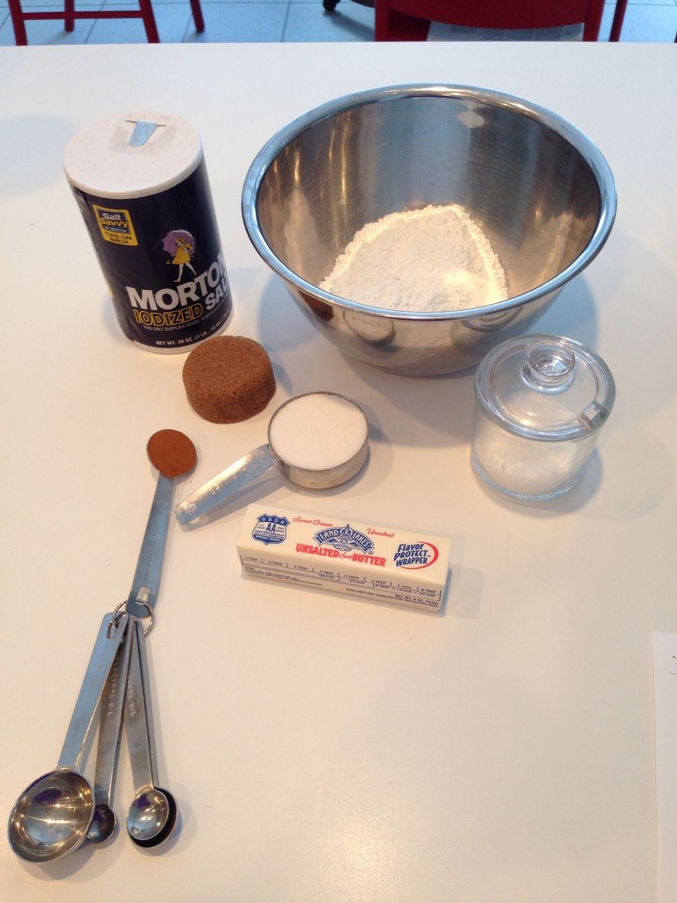 Here are the ingredients for the crumbs. Put it all in a bowl. If you'd like to skip the mess of measuring cups , it's 2 1/2 oz each of the sugars and 8 oz flour.