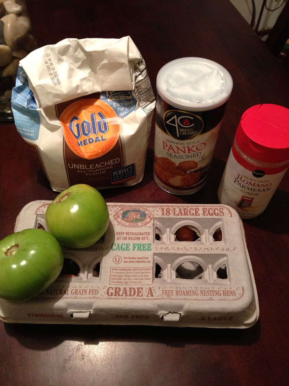 Here are the ingredients. I didn't measure the dry ingredients. I grabbed a shallow bowl & dumped in equal parts flour, Panko bread crumbs & Parmesan cheese. I also added salt, pepper& garlic powder.