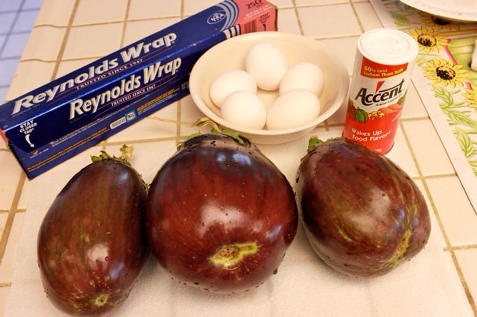 Here are the ingredients you'll need. Eggplants, eggs, accent or salt/pepper (whatever you want to mix into your eggs) cooking oil, aluminum foil, etc.