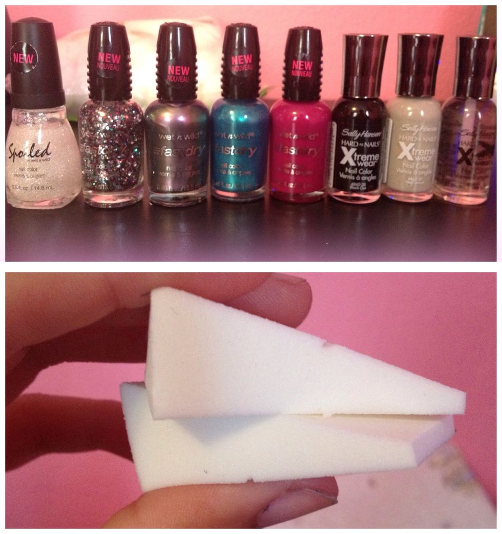 Here are the polishes I used. They're all either Sally Hansen or Wet n Wild, so it was fairly cheap to buy them all at once. I also used these makeup sponges from CVS.