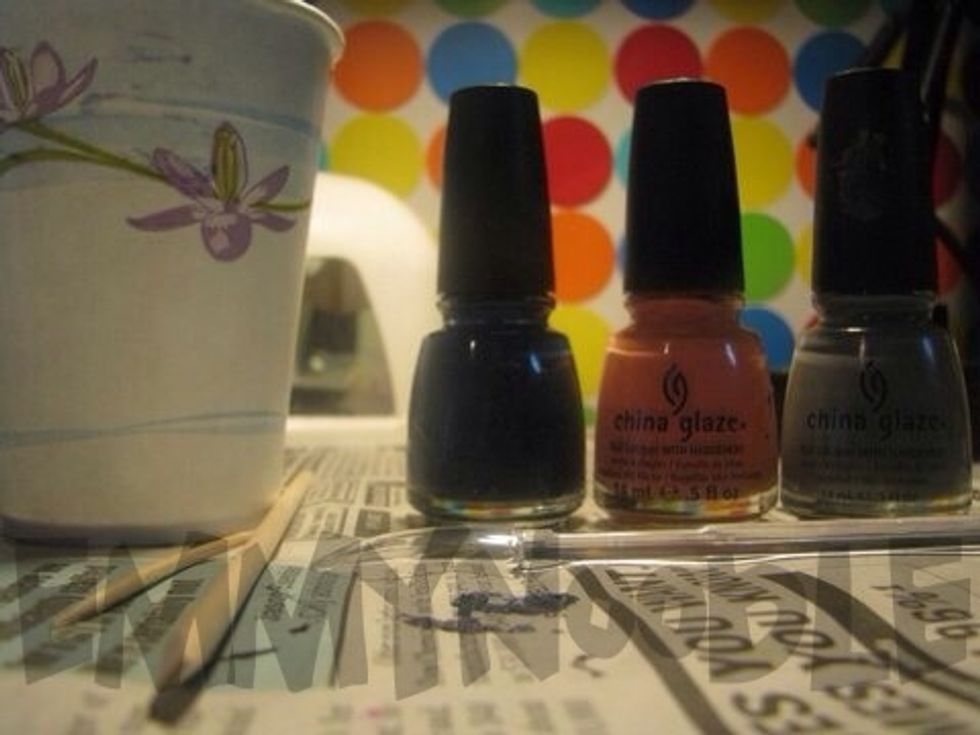 Here are the supplies you'll need. As a first step, cover all skin around your nail with masking tape to avoid massive clean up.