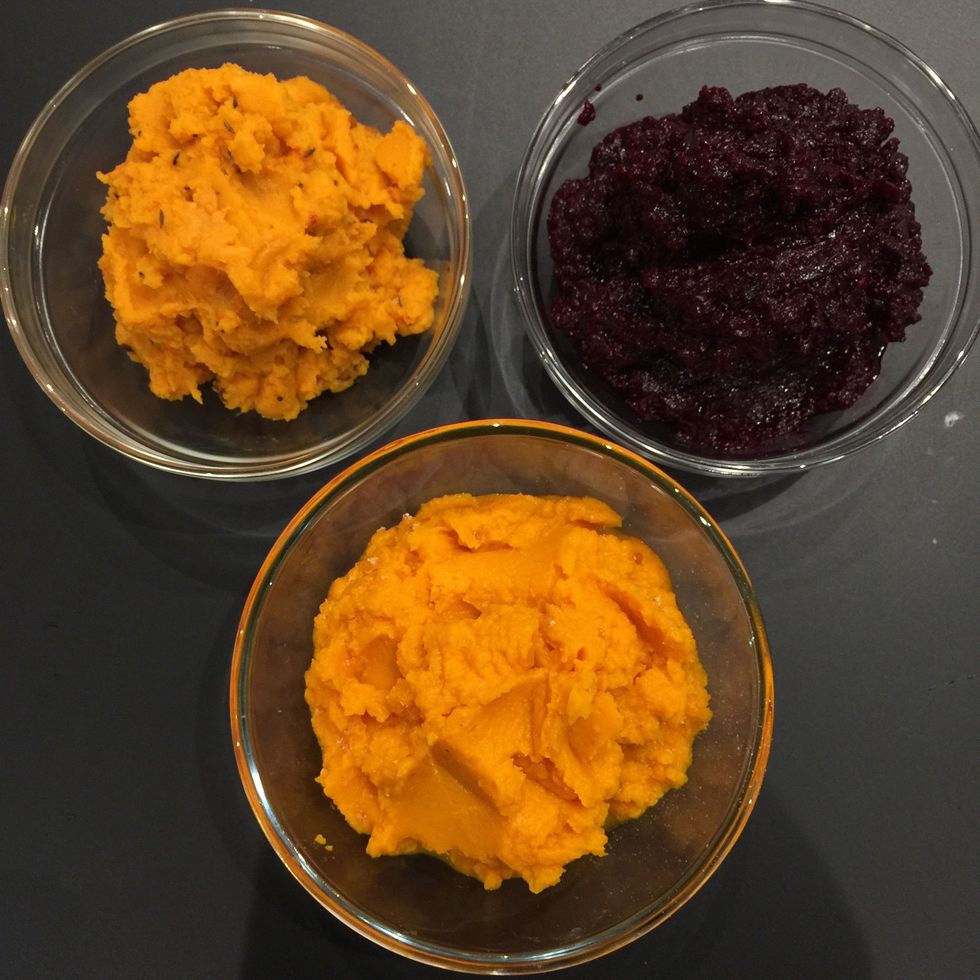 Here are the three ingredients. But the pumpkin and the sweet potatoes are very similar in colors...so