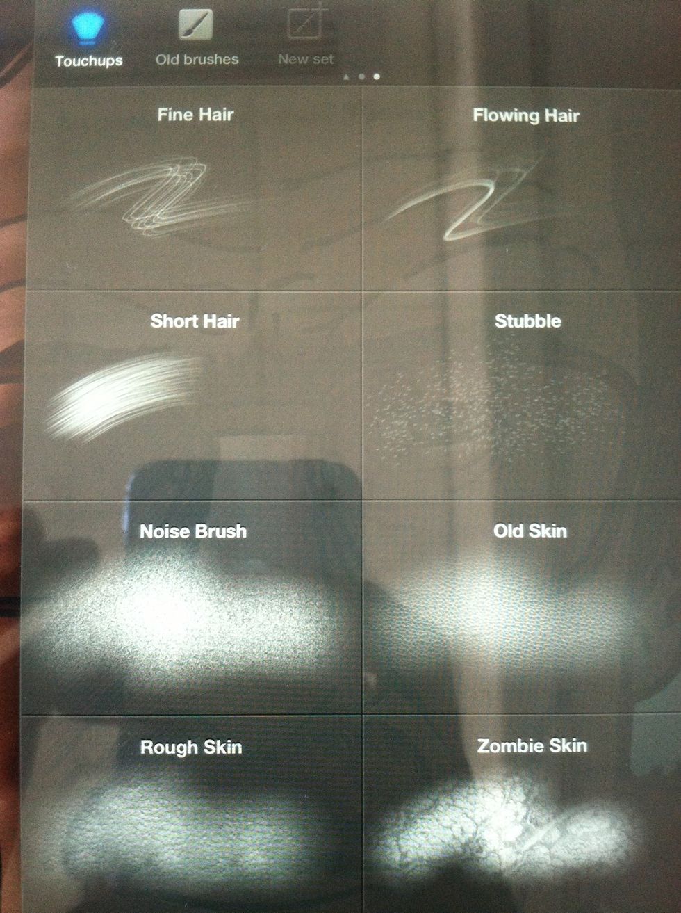 Here are the touchup brushes. I use old skin and rough skin. Dial the opacity down. (See slider on the right.) Go over the face lightly and sparingly.