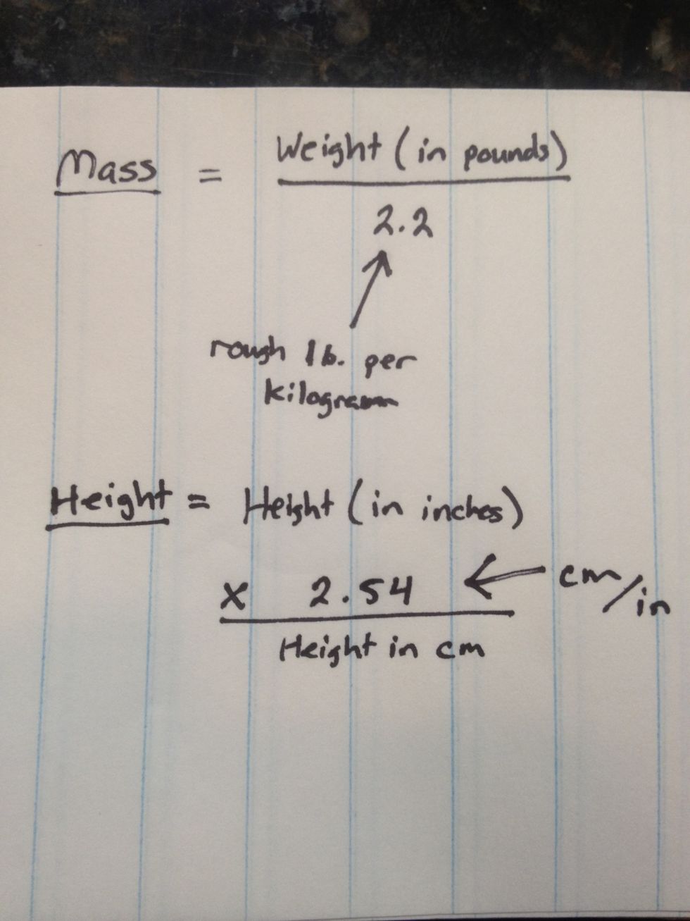 Here are ways to convert mass and height. Very simple equations. "2.2" and "2.54" are known constants.