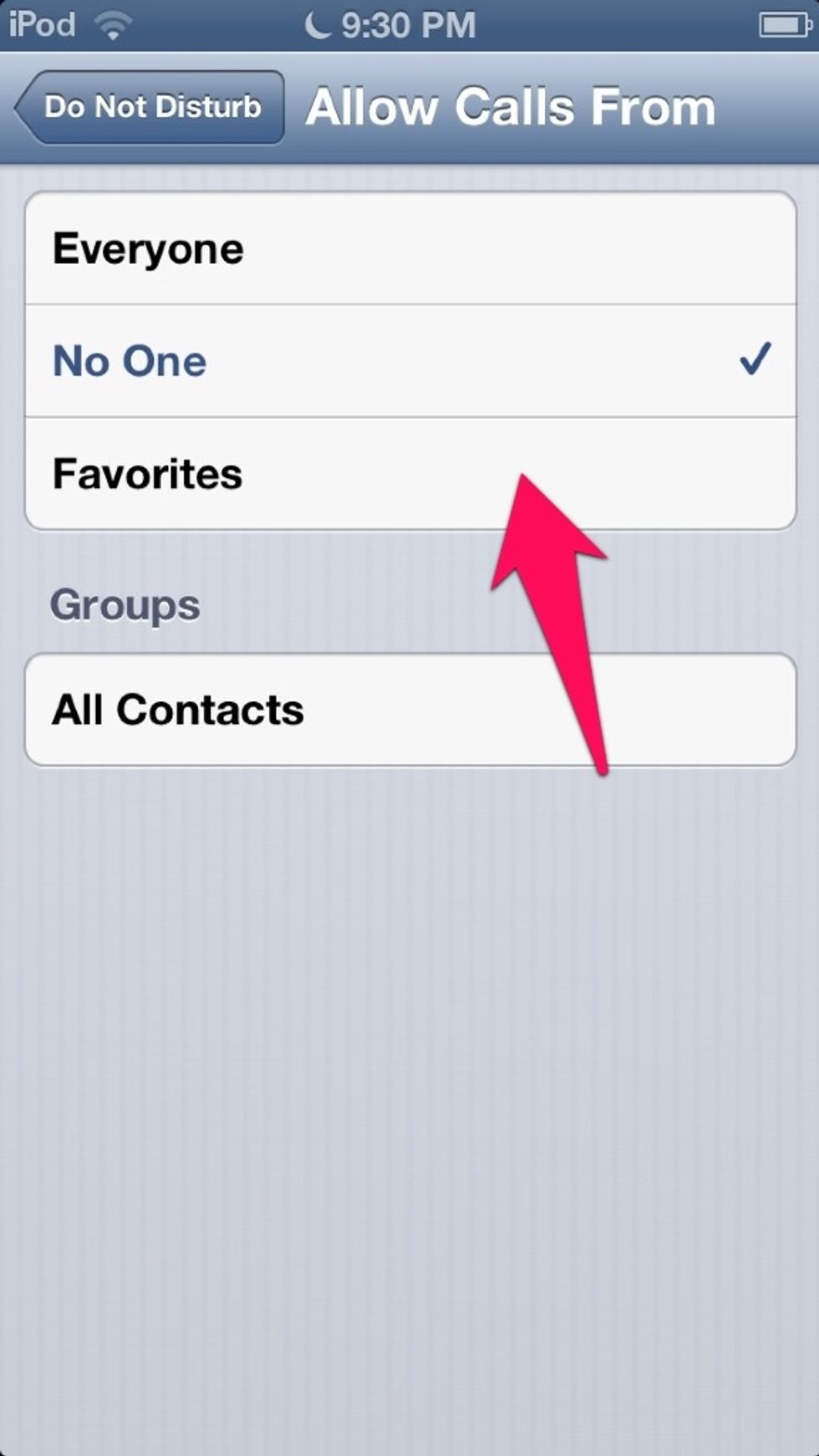 Here, choose who you want to be able to call you when "Do Not Disturb" is on.