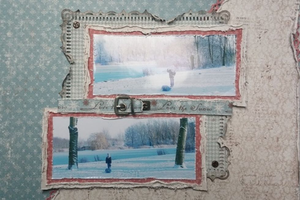 Here I added a buckle and placed it in between both pictures. I also added some screw head brads.