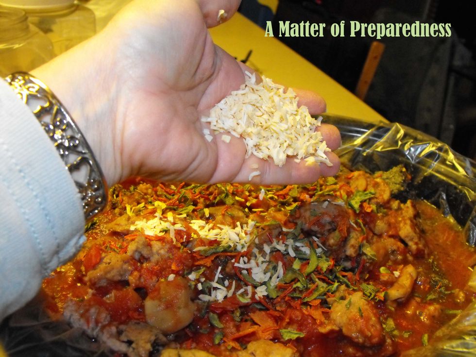 Here I am adding dehydrated onions.  Although I did not dehydrate these, I have dehydrated onions many times before).