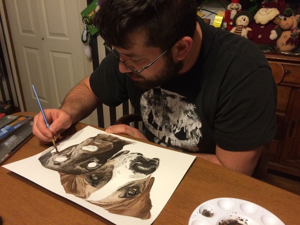 Here I am starting my layers working on the chocolate Labrador. You mix the inks just as you would mix paint. Take your time and get it right. I love mixing colors, because I find it challenging.