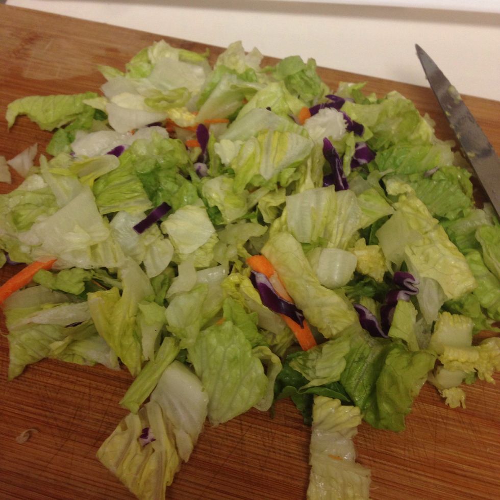 Here I have 2 cups of shredded romain salad and sprinkles of shredded carrots and red cabbage. Sorry, the app is crashing when ever I try to add the ingredients in the box.