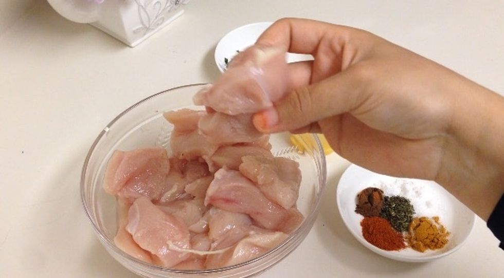 Here I have 2 lbs of boneless and skinless chicken breasts ( cut into bites)