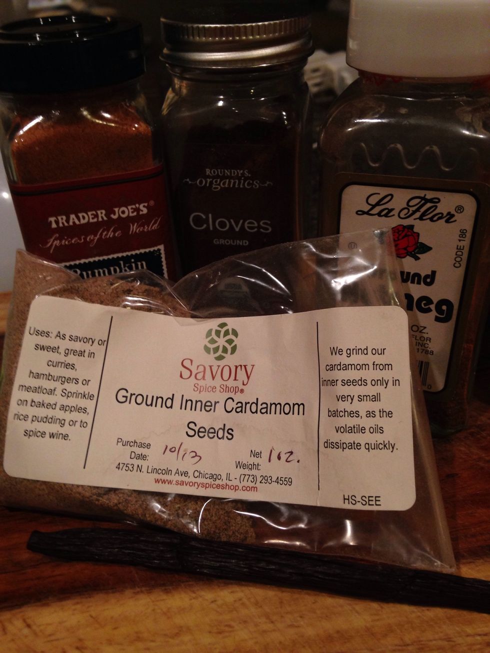 Here I have the spices I'm going to use: pumpkin spice mix, cardamom, cloves, and nutmeg. Ginger is another good one as well as cinnamon. You can just use the pumpkin spice mix, I just like extra.