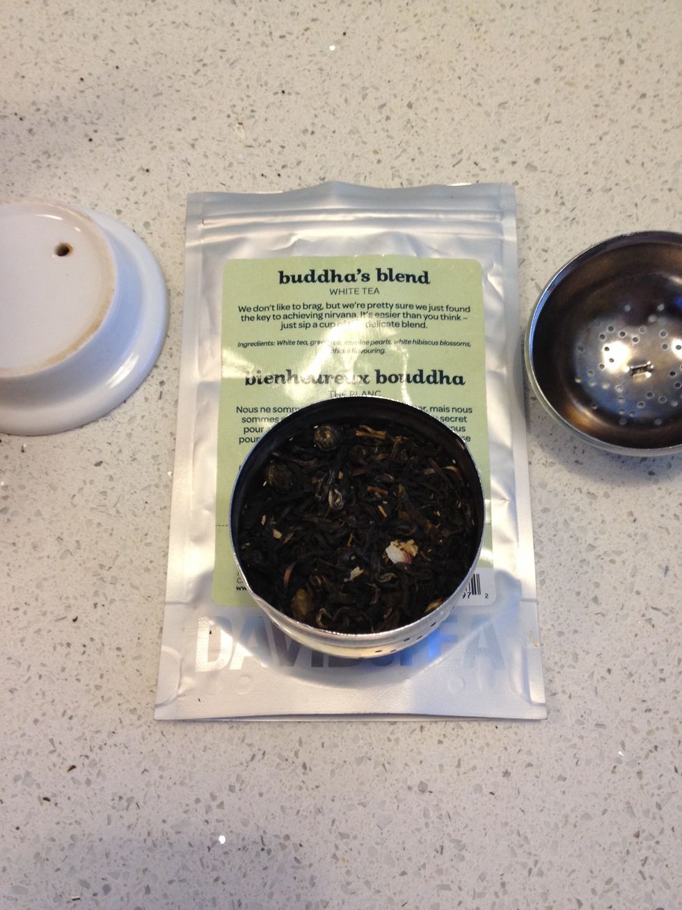 Here I'm using Buddha's Blend (a white tea) from DAVIDsTEA. Based on the instructions on the package, use *double* the amount of tea for each cup you want to make but use the *same* steep time.
