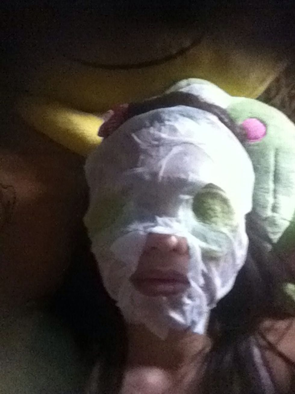 Here I pulled the mouth piece a bit up so I may breath. Do this at night so all the nutrients had the chance to work. When you wake up your skin will feel soft.