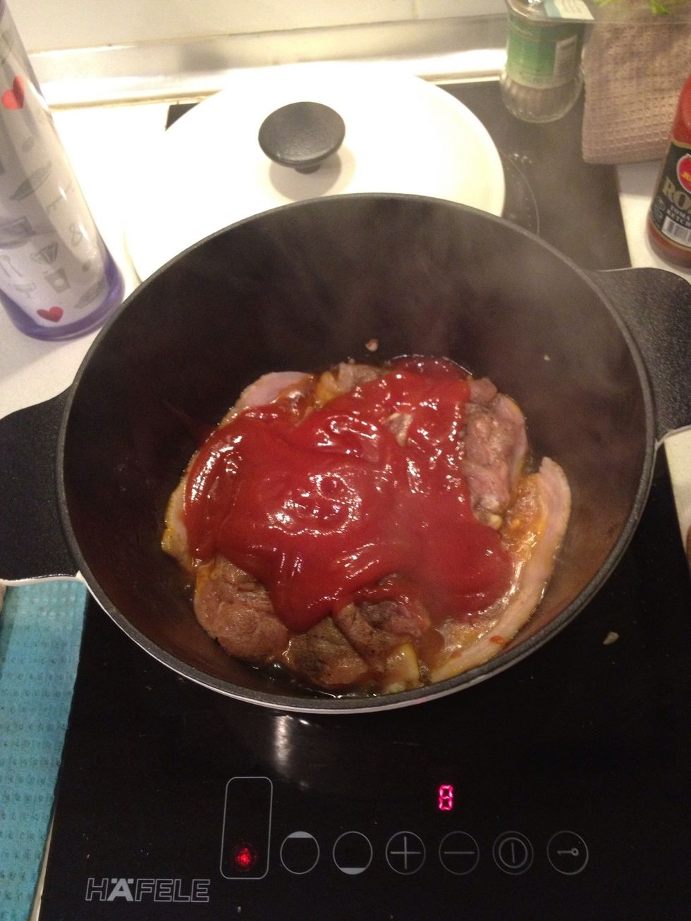 Here, i use Tomato sauce (ketchup), as it's the only tomato base i can find in a mini convenient store.  it's better to use one of those canned tomato (blend it up with ur blender and pure in)