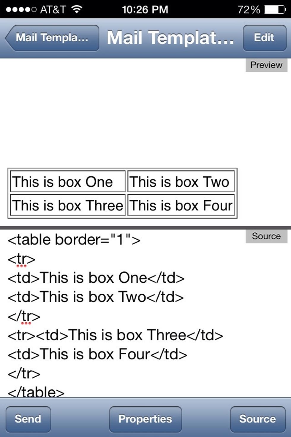 Here I've added another Row to the table with an opening and closing <tr> tag and added to more sections with <td> tags.
