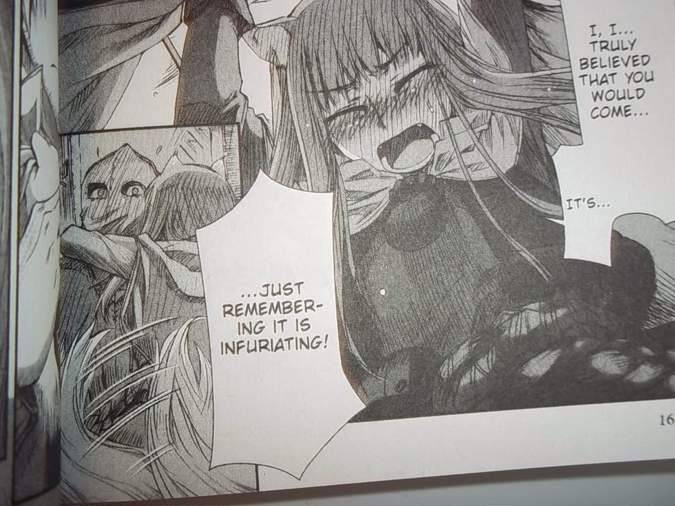 Here is a better example of the shape of the text boxes. You can see that they have sharp edges signifying that she's yelling and upset or angry.