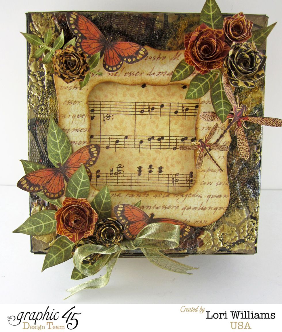 Here is a close up of some of the flowers completed and applied on the decorated box. I love using the various patterns of paper from Graphic 45 on the flowers, it makes them a one of a kind.