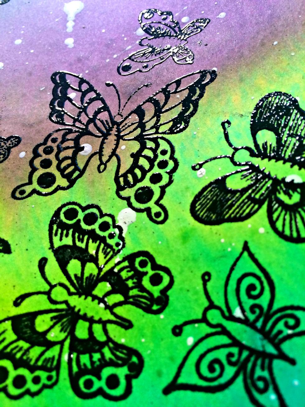Here is a close up of the butterflies after they have been stamped and embossed. Cut the paper to fit your die cutting machine and line up the die with the stamped image and run through the machine.