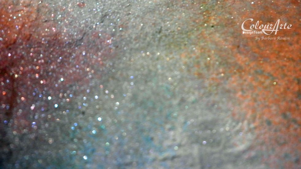 Here is a close up of the shimmery effect these mists give your work. It is gorgeous! Can you see the texture from the joint compound, too?