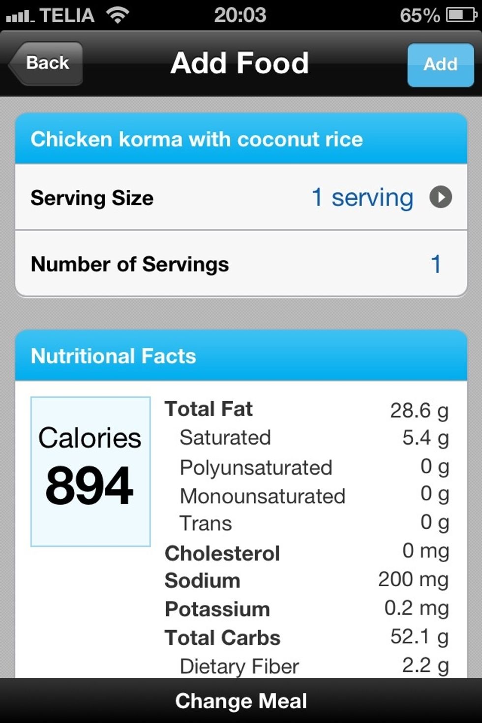Here is a creamy chicken korma with coconut rice. With nearly 900 cals and almost 30g of fat this is not something healthy.