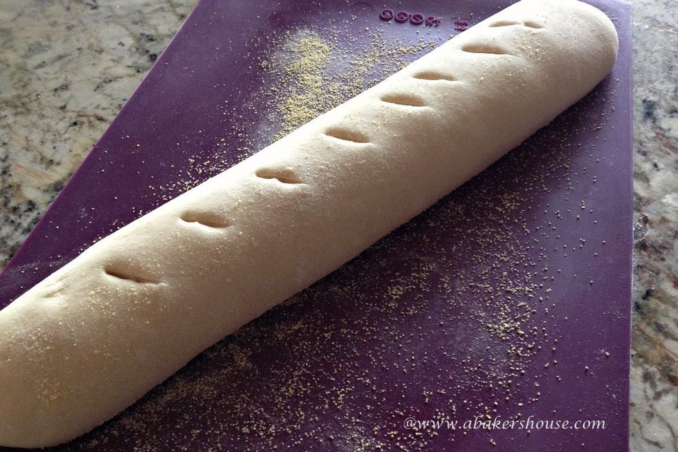 Here is a photo of a "proofed" French baguette. Proofed basically means risen for baking. Before placing the proofed loaf in the oven (at least 400 degrees), you "score" the loaf with a sharp knife.