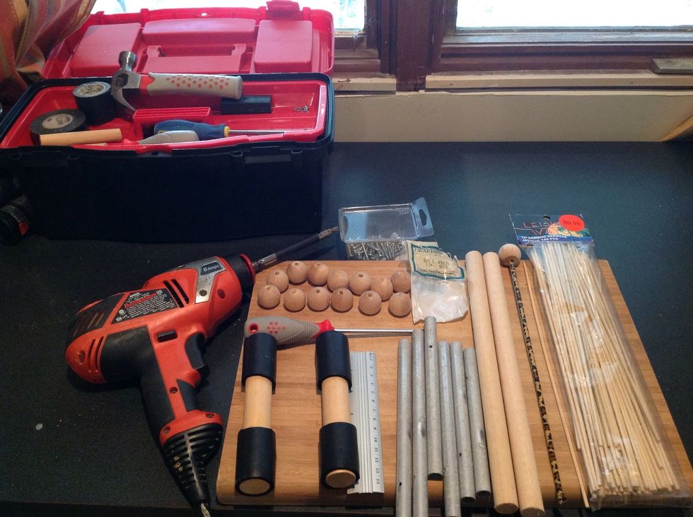 Here is a photo of most of the supplies she used. She also used a file, but that's inside her tool box. (Yes- she has her own toolbox!)  She used all of her own tools, but mom and dad used the drill.