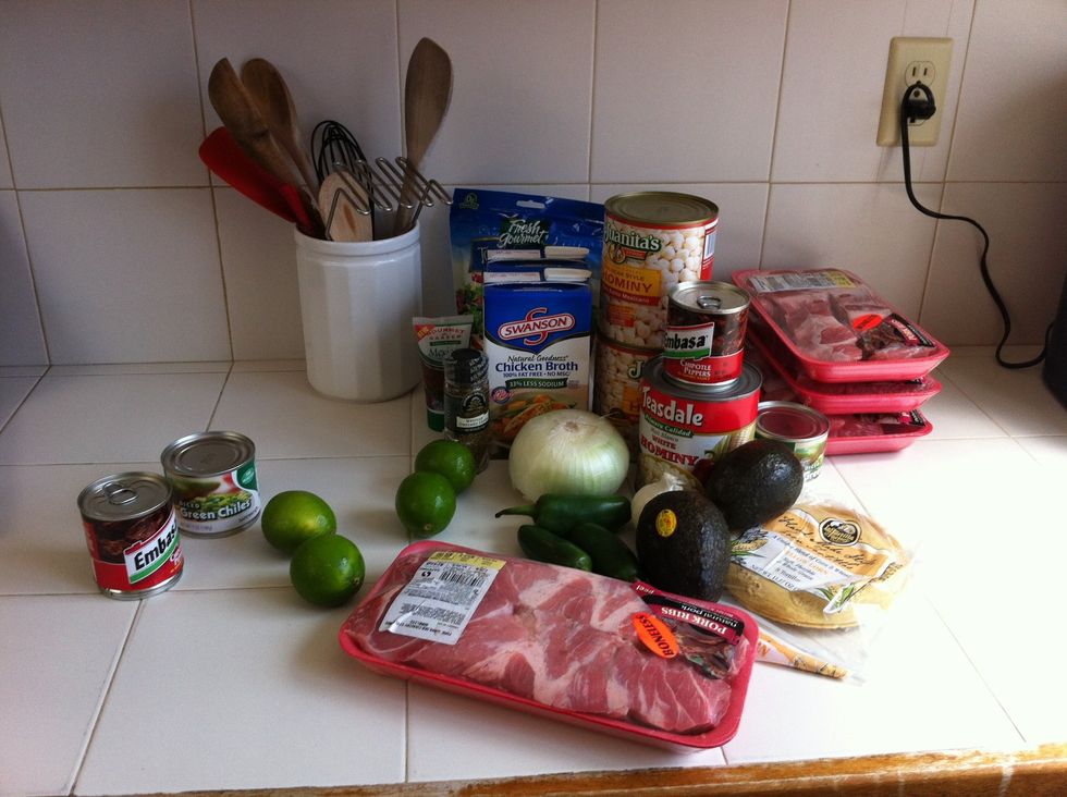 Here is a pic of what you will need to get started. Plan on cooking most of the day. Good pozole takes love & tenderness
