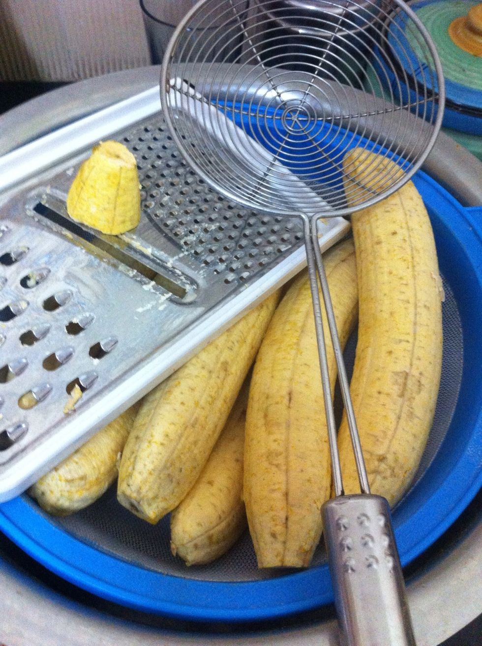 Here is a picture of my tools and plantains getting ready to dive into hot oil one slice at a time.