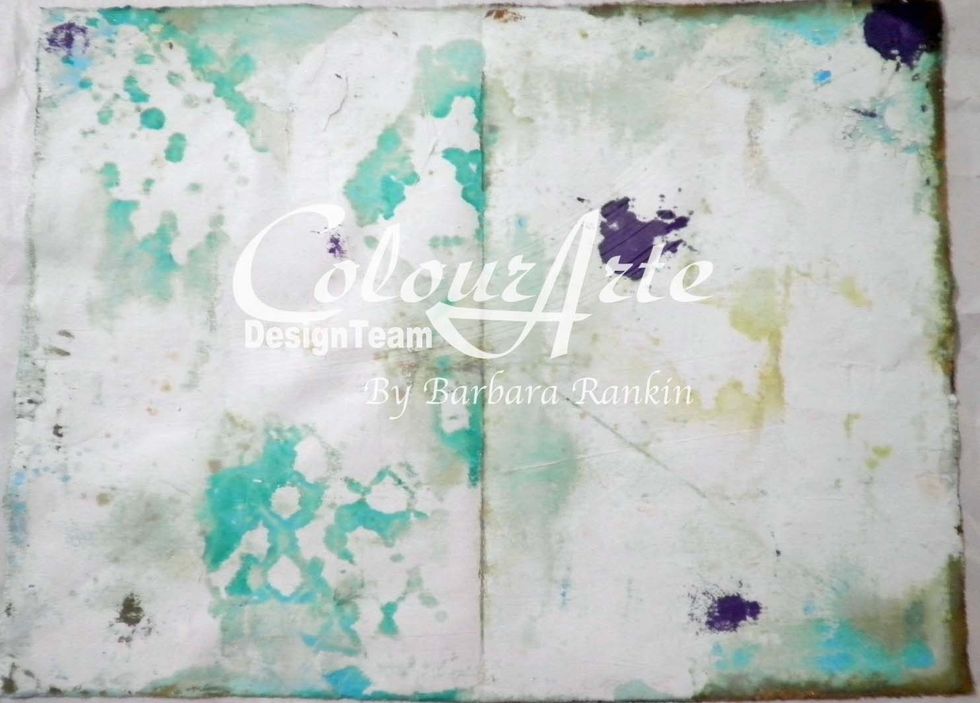 Here is a picture showing the unfinished page from Part 1. If you recall, I did not seal the pages with anything, so my colors from the finished page (opposite) bled through to this side.