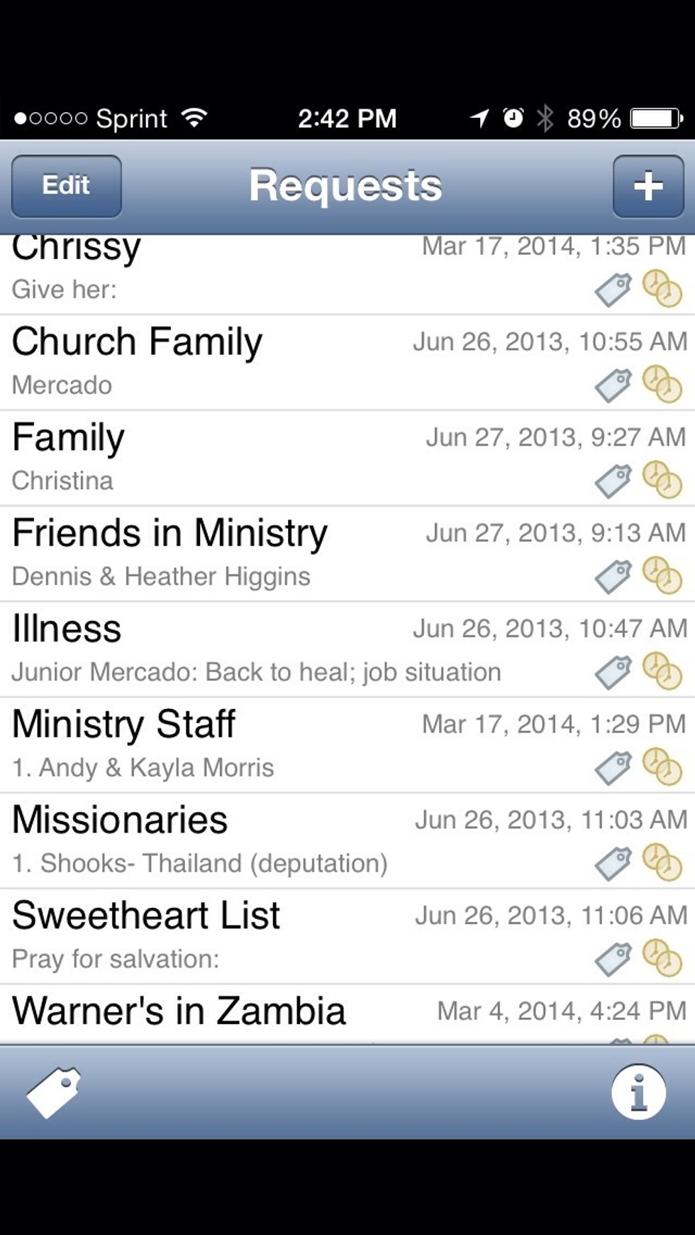 Here is a screenshot of some of my prayer lists and their reminders. In list view you can only see the first line of the details, but once you touch the list is reveals the entire thing.