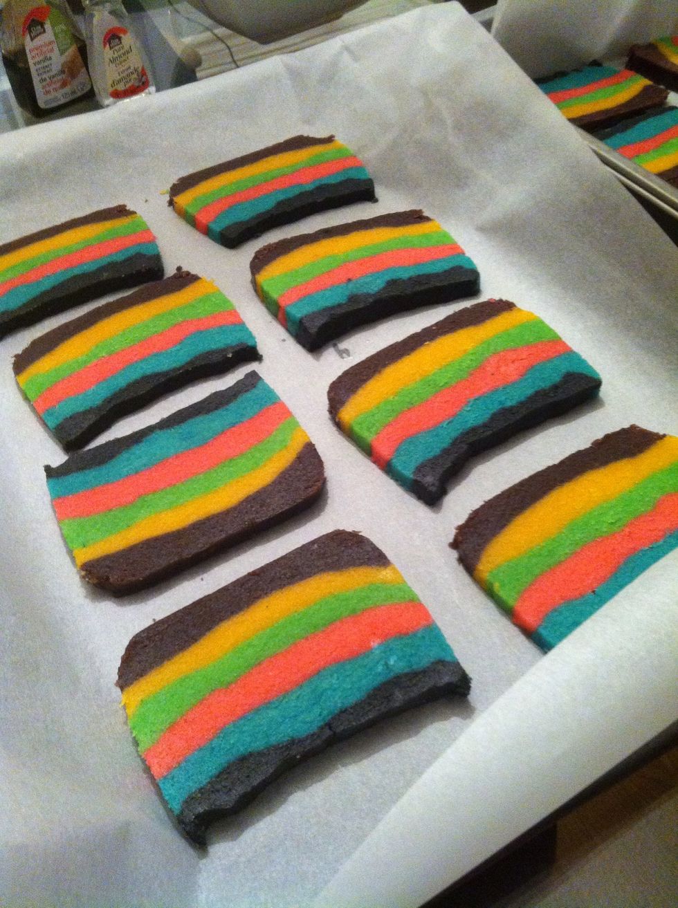 Here is a tray of thin slices (the sides of the cookies). Bake in preheated oven at 350 degrees F