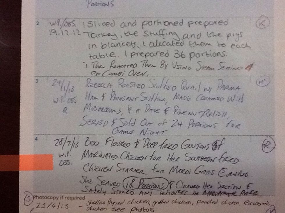 Here is an example of an entry, I want yours to be a lot more detailed! Highlight how many portions you served, what the dish was called, make sure that you fill in against the criteria !!