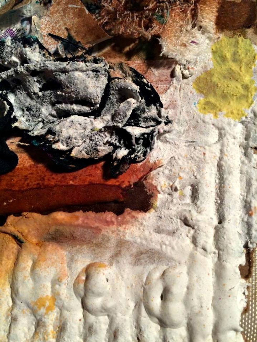 Here is another close up of the layer of Stucco. I love how it settled into the crevices of the corrugated cardboard. I put some on the gathered fabric as well because I wanted color with the black