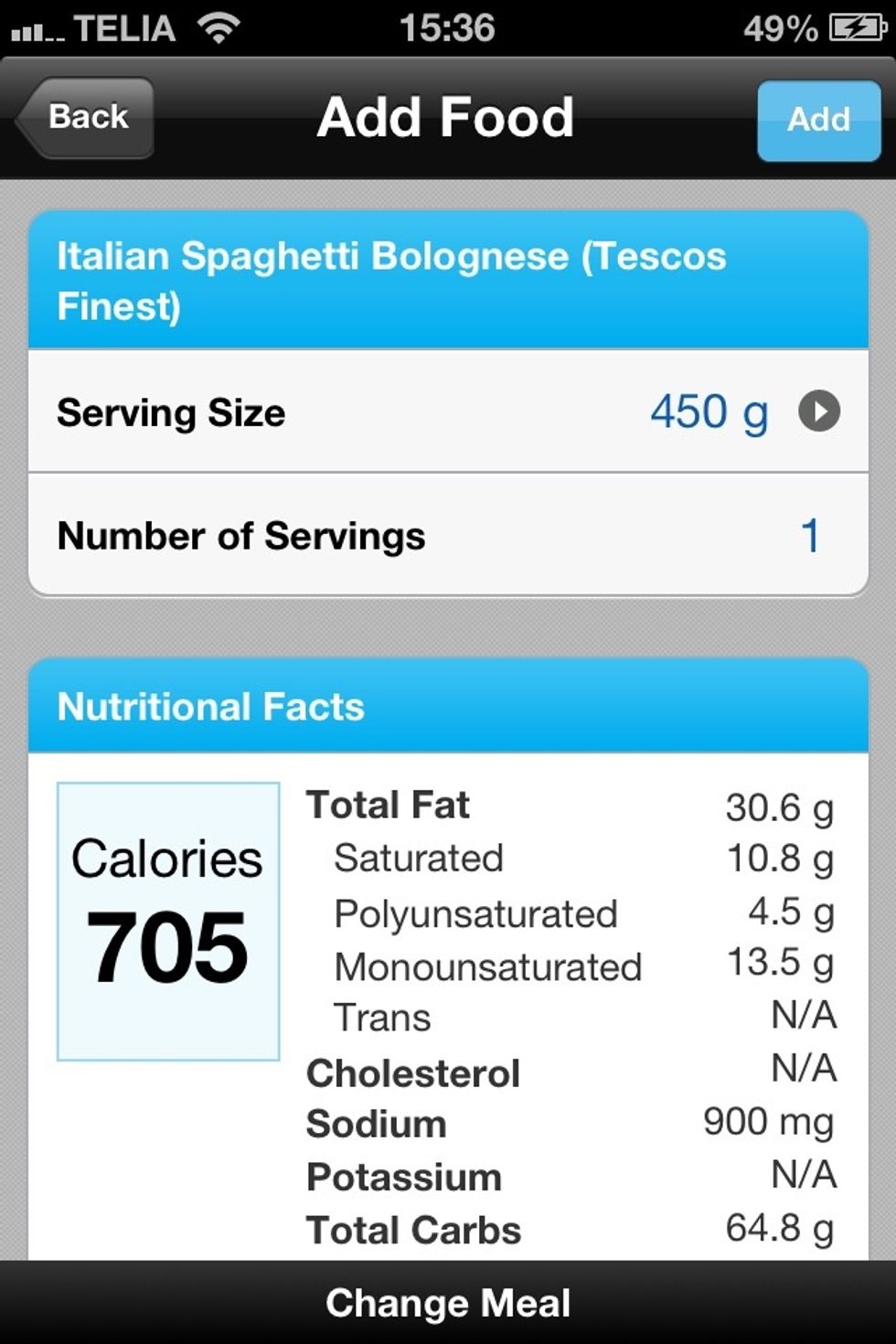 Here is beef bolognese with white spaghetti in a bolognese sauce. With a whopping 30g fat per portion and over 700 calories this isn't as healthy as it seemed. This is with no cheese!