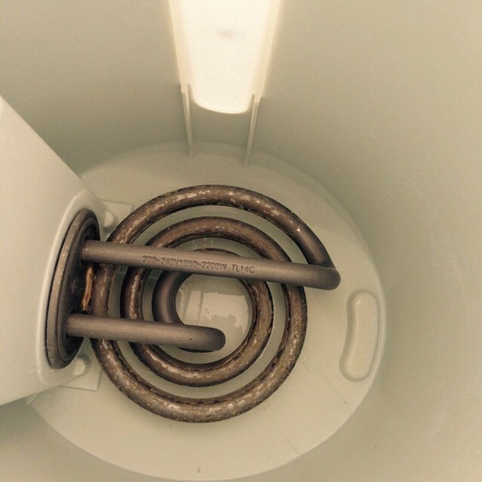 Here is how it looks covered with limescale, you can see a layer of crystallized material around the wire