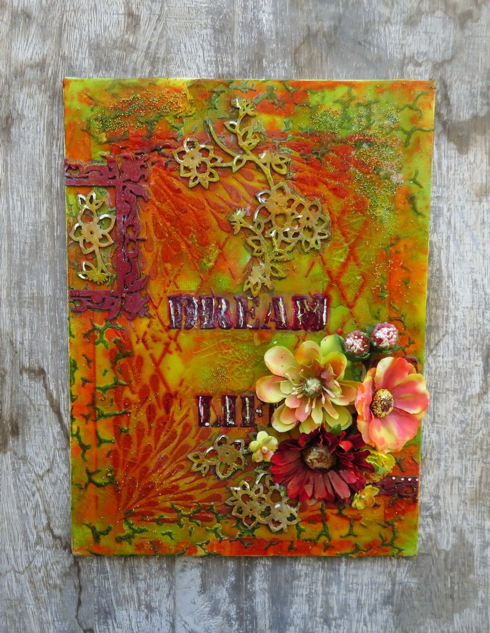 Here is our finished canvas.Some hoghlights were added with white pen and some shading was made with black marker.Some micro beads and crackle glaze medium were added over th canvas.