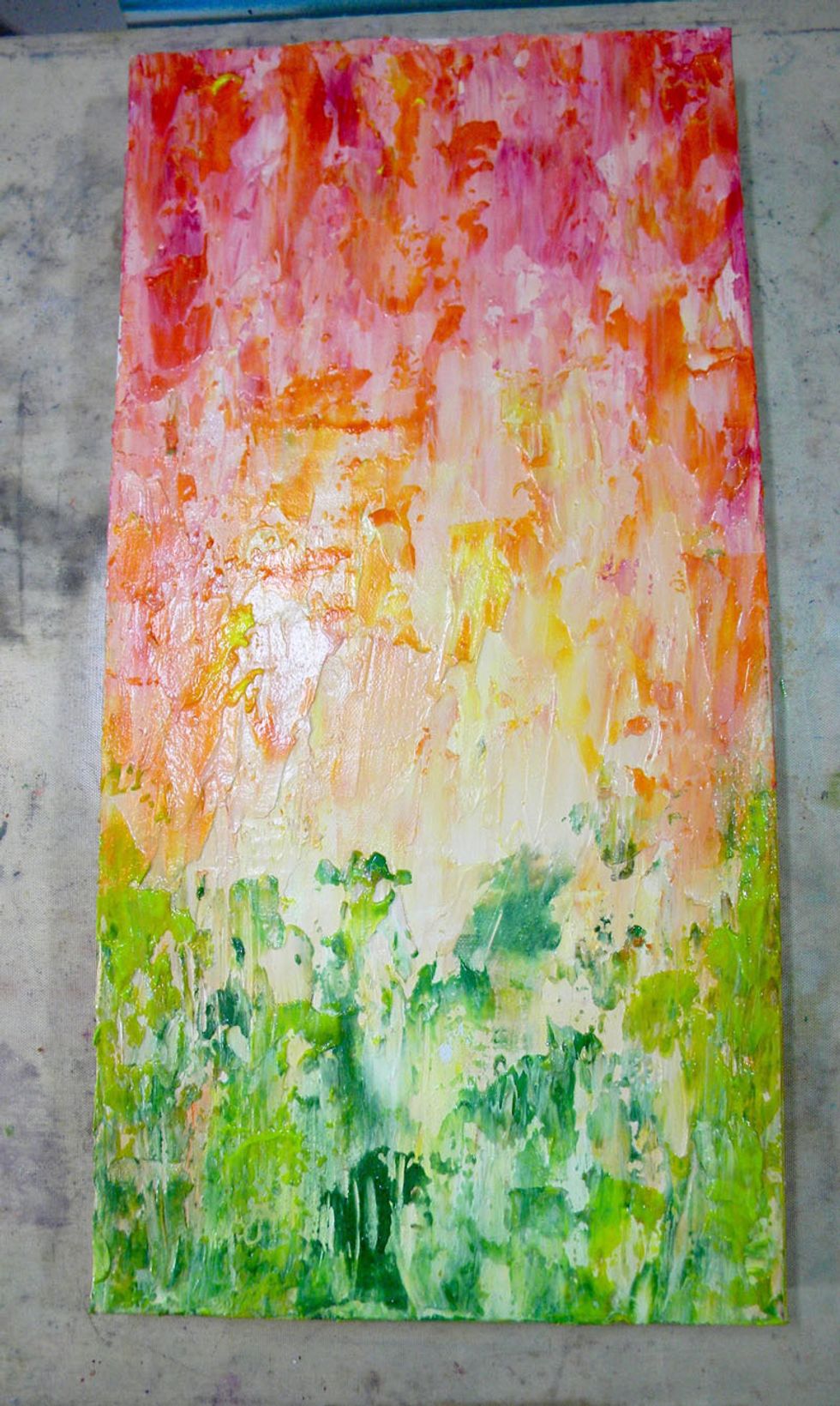 Here is the canvas so far.  By mixing Art Anthology mediums and heavy gesso I stretched the mediums while creating beautiful pastels colors and great textural effects. Let the canvas dry completely.