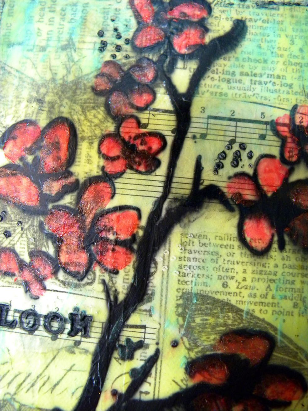 Here is the canvas so far. Can you see the different layers? I decided to add dots of Vegas Gold and Lemon Tart to the center of the blossoms before moving on to the next step.