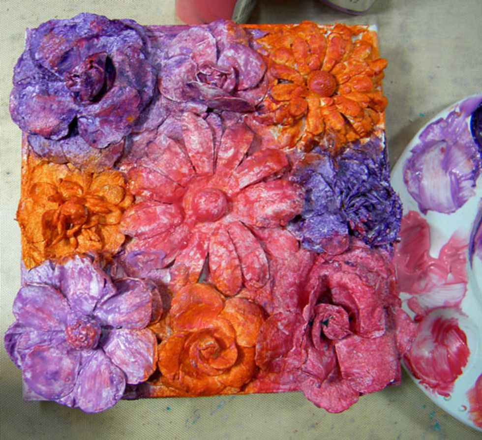 Here is the canvas so far.  I added a bit of Tango and Persimmon to some of the purple and pink flowers to add a bit of contrast.
