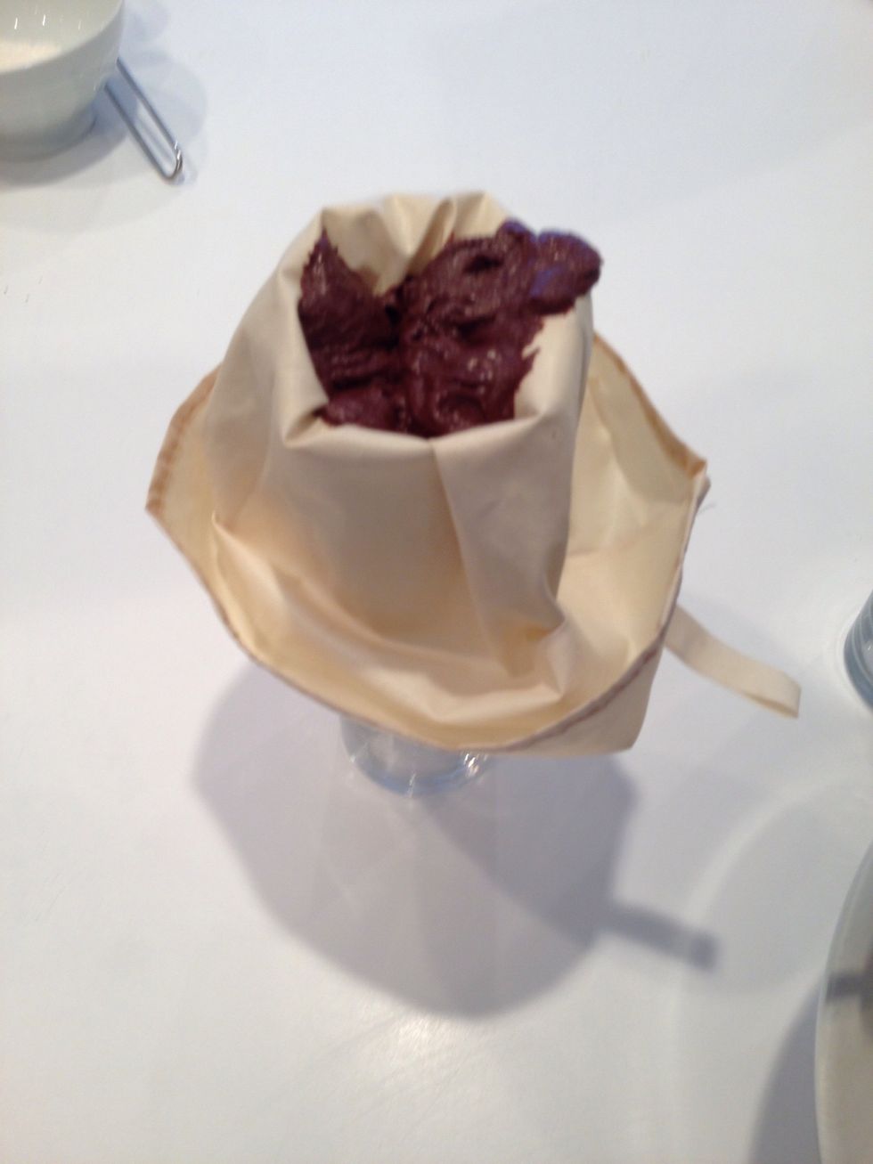 Here is the chocolate ganache, yes I said "ganache" because that's what it's called. French for chocolate and cream, melted. And this is dark, Belgian chocolate which is pretty delicious.