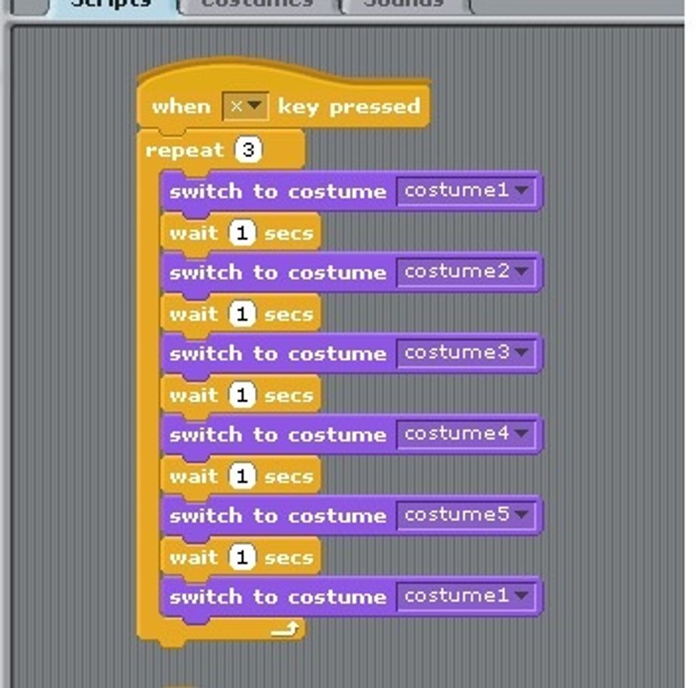 Here is the code to animate the nutrient uptake or Xylem. The yellow Control script is used to execute a task and the purple Looks script is used to alter the Looks of the Sprite.