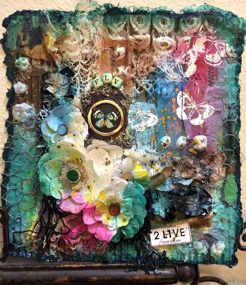 Here is the completed Piece. I think I am going to add a lace and ribbon hanger to it and take it to work and hang it up in my office. Hope I've inspired you to make a layered project. x0x0x Monica.