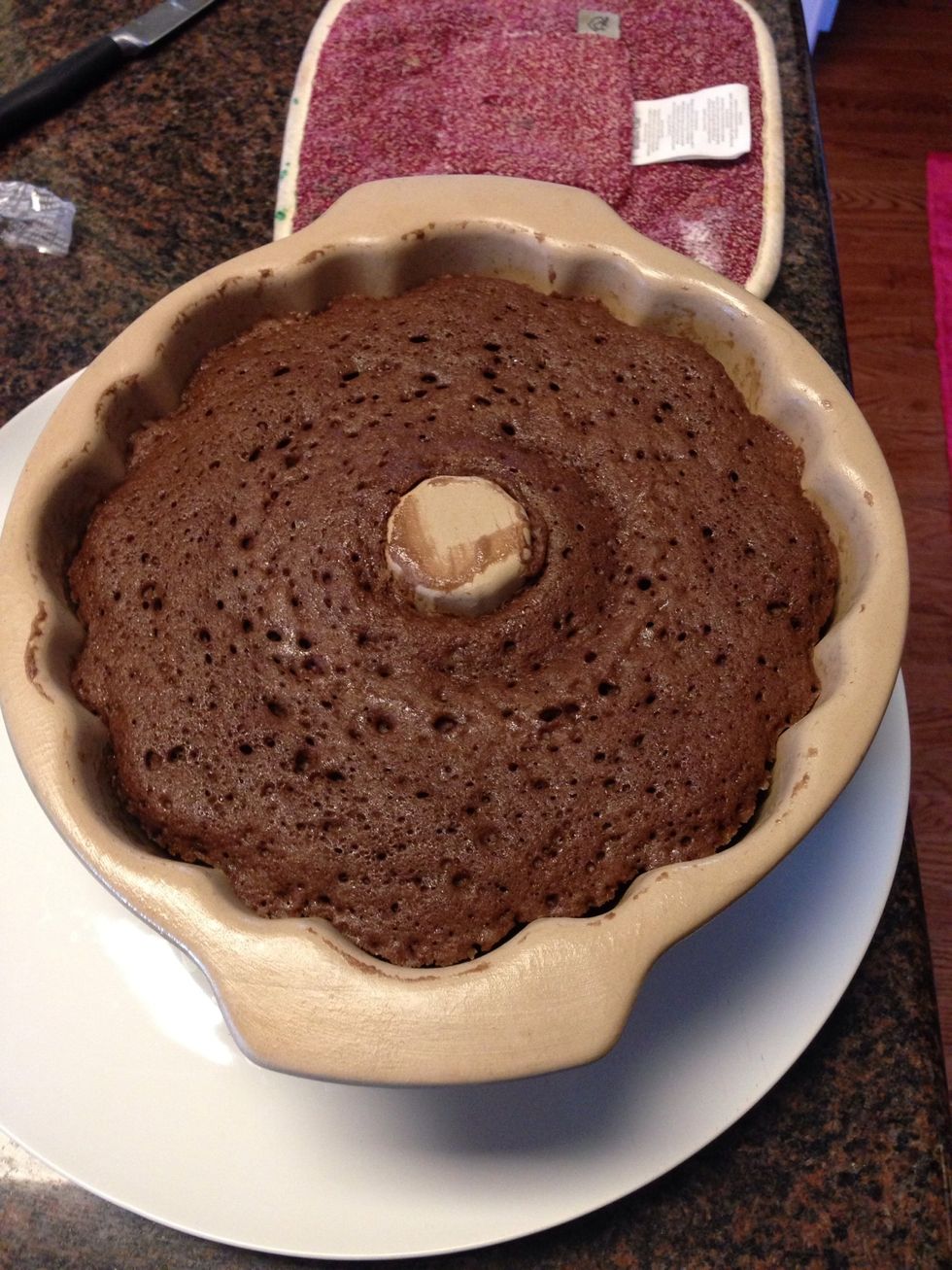 Here is the cooked cake! A trick to tell how it is all done? See how the cake has pulled away from the sides? That means it is done. Cook times may vary from age and size of microwave!