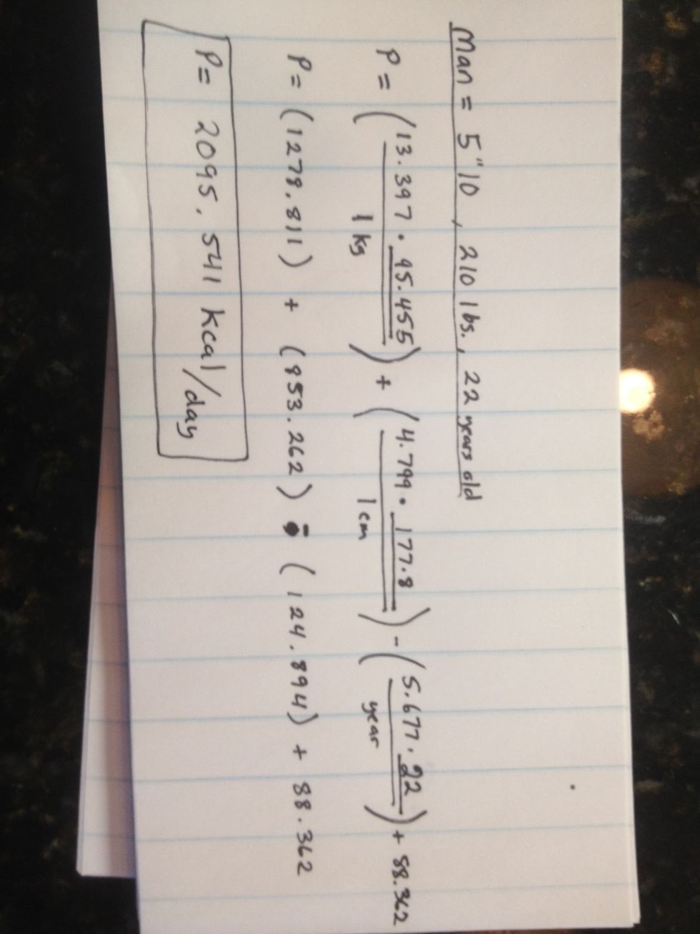 Here is the full equation worked out. His final tally is 2095.551 kcal/day at rest.